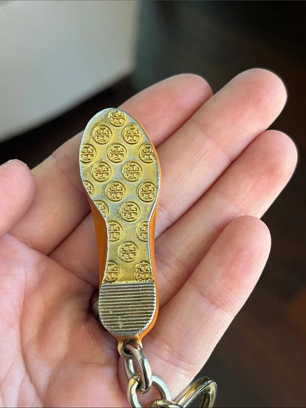 Tory Burch Orange Enamel Ballet Flat Keyring with Gold Logo